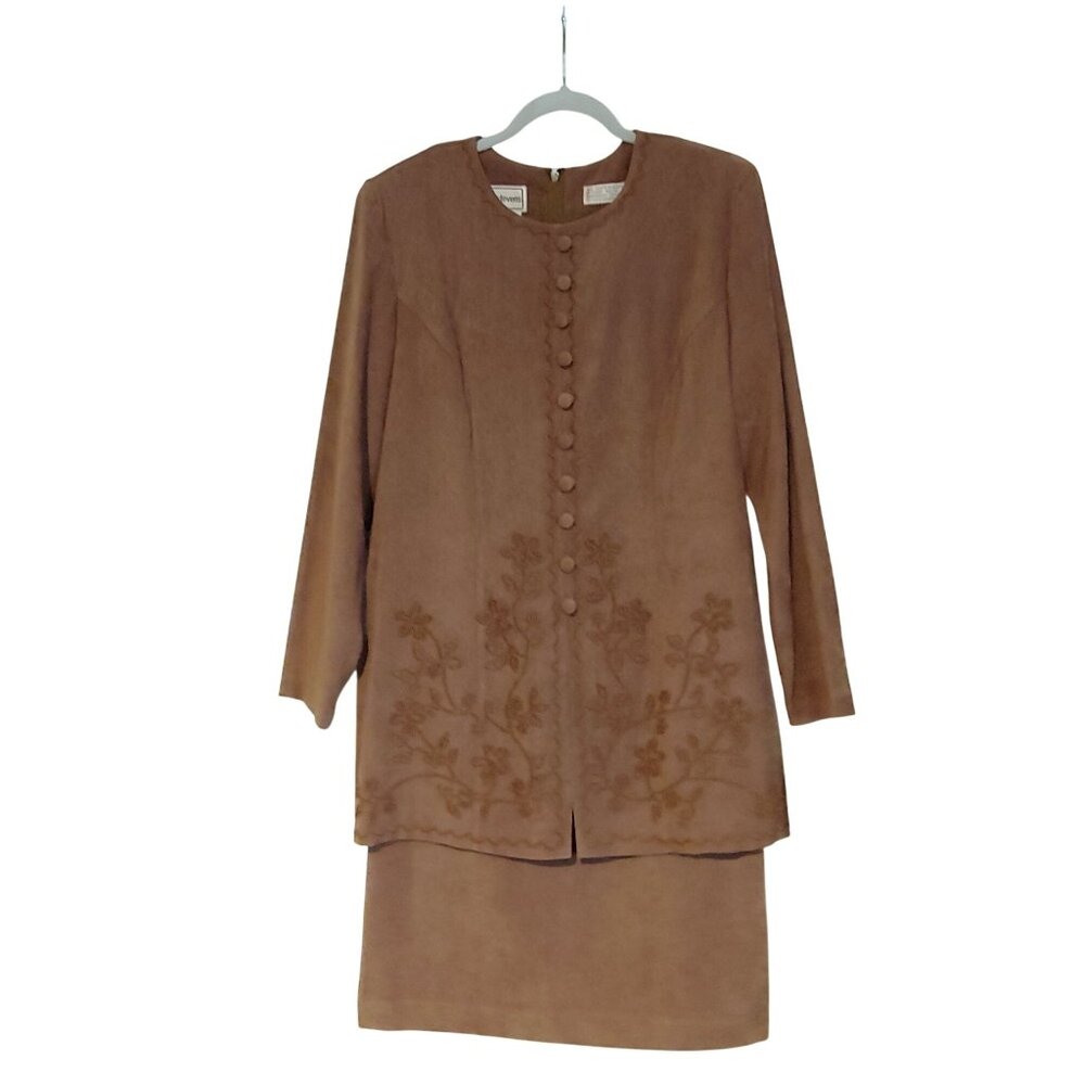Karin Stevens Vintage Faux Suede Dress/Attached Jacket Tobacco Church Modest 16